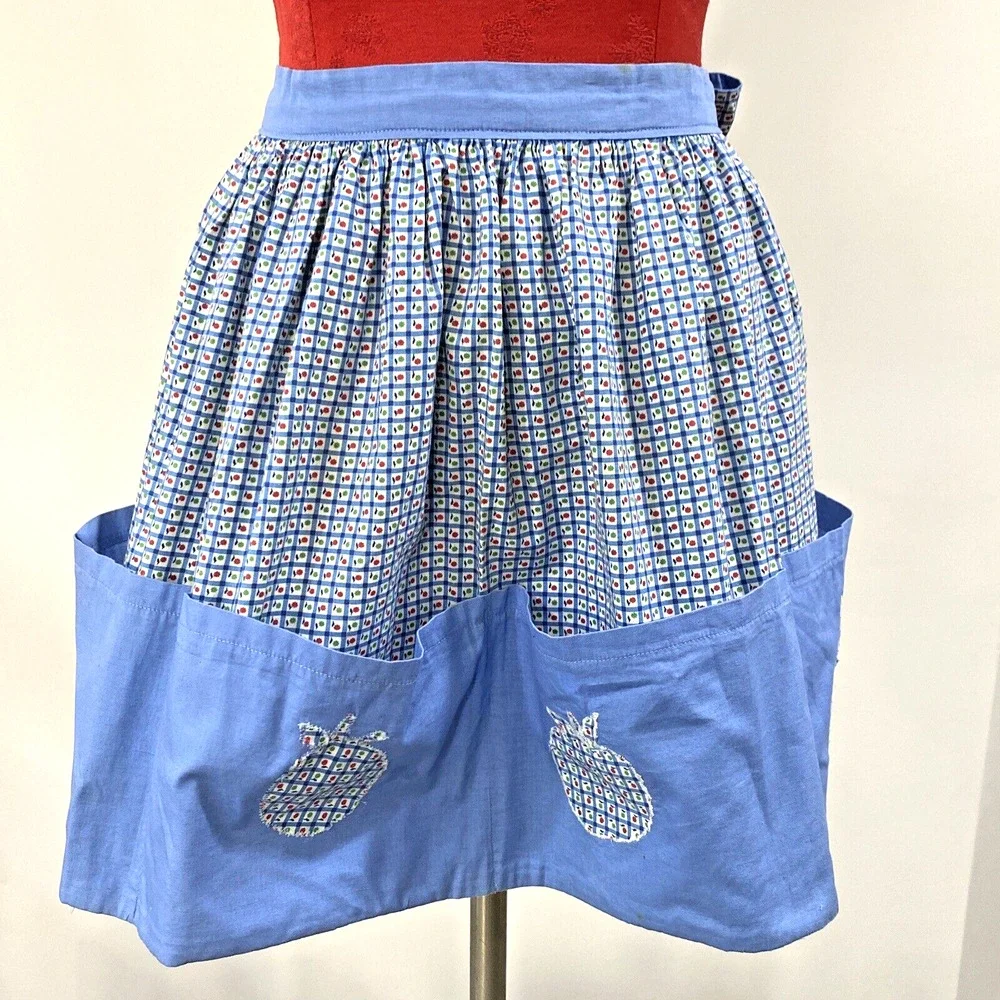 Vintage Handmade Waitress Half Apron 4 Front Hem Pockets Blue Red Green Apples